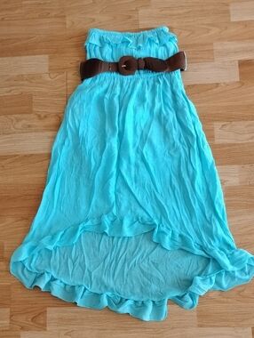 Turquoise High-Low Maxi Skirt with Brown Belt
